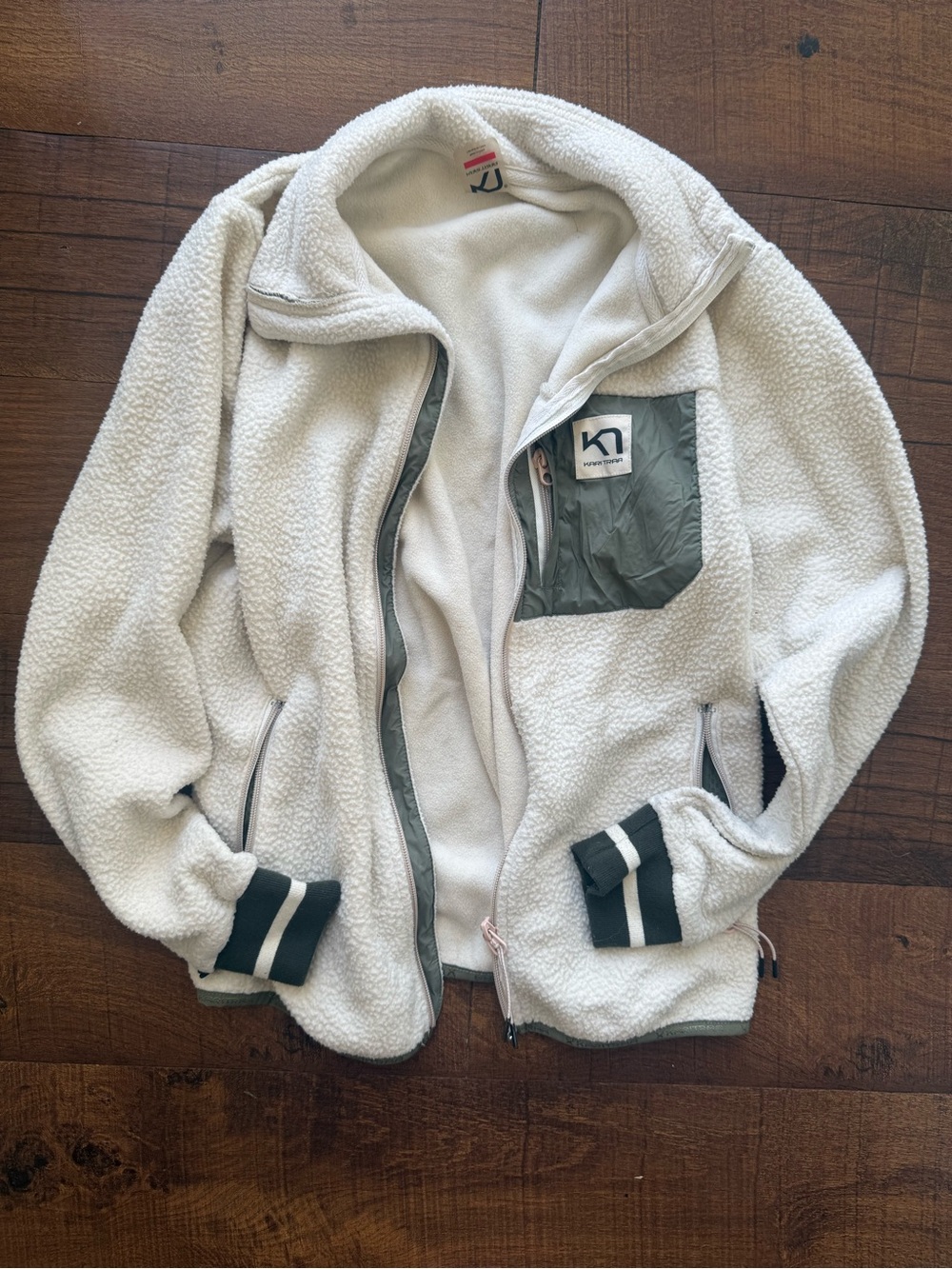 Kari Traa Cream Sherpa Jacket with Olive Green Pocket Trim
